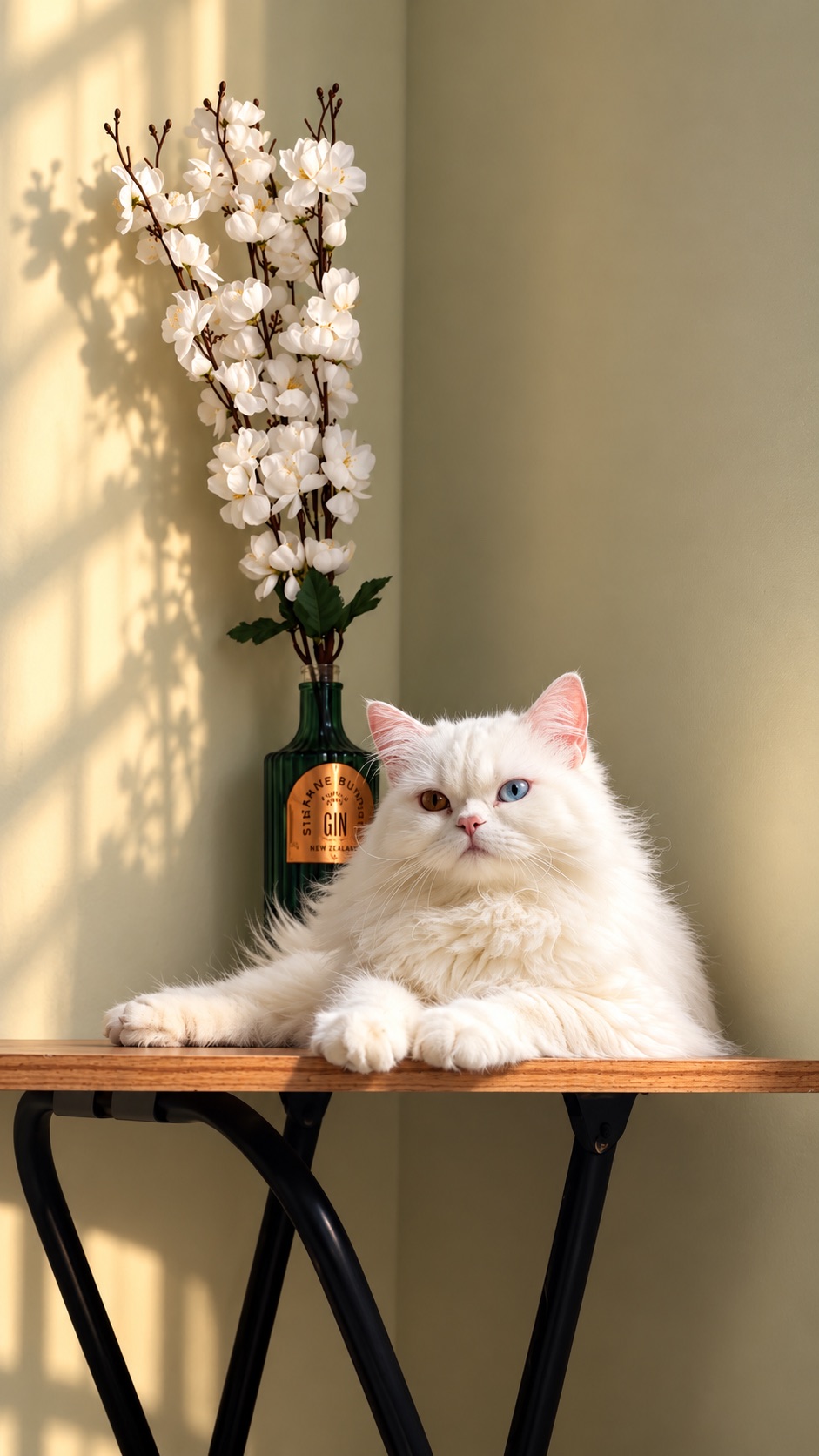 Snowie, a fluffy white cat with heterochromia, resting on a table
